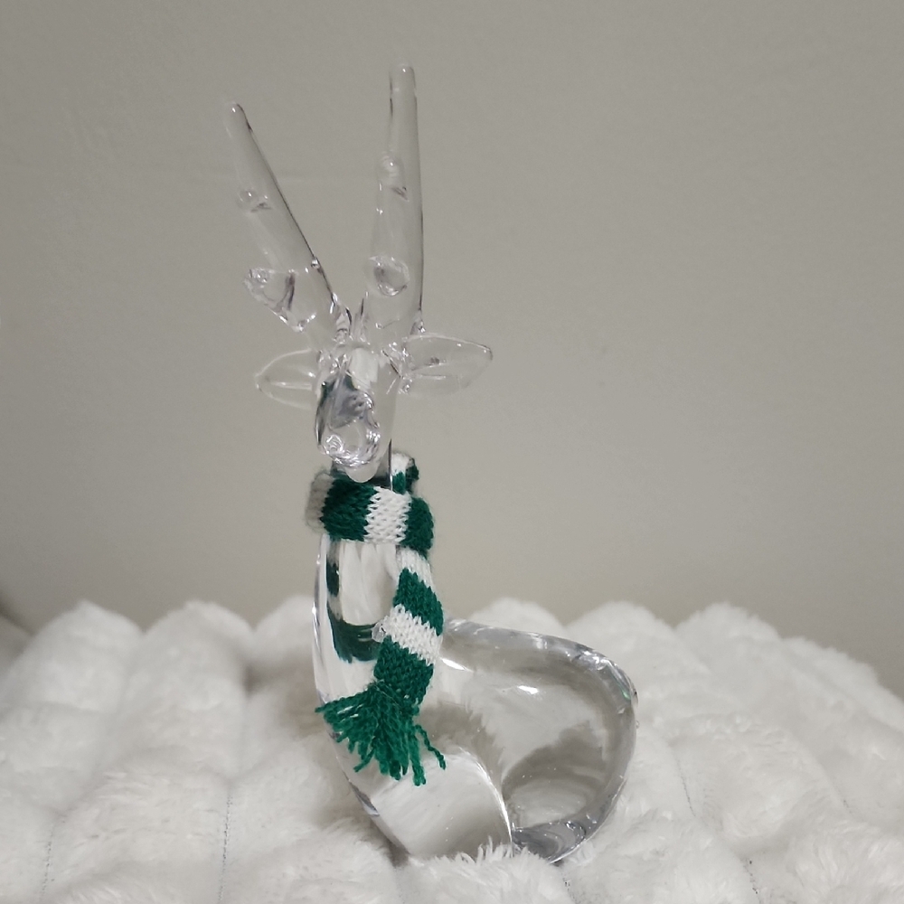 Enesco Glass Reindeer Figurine with Green and white Scarf
